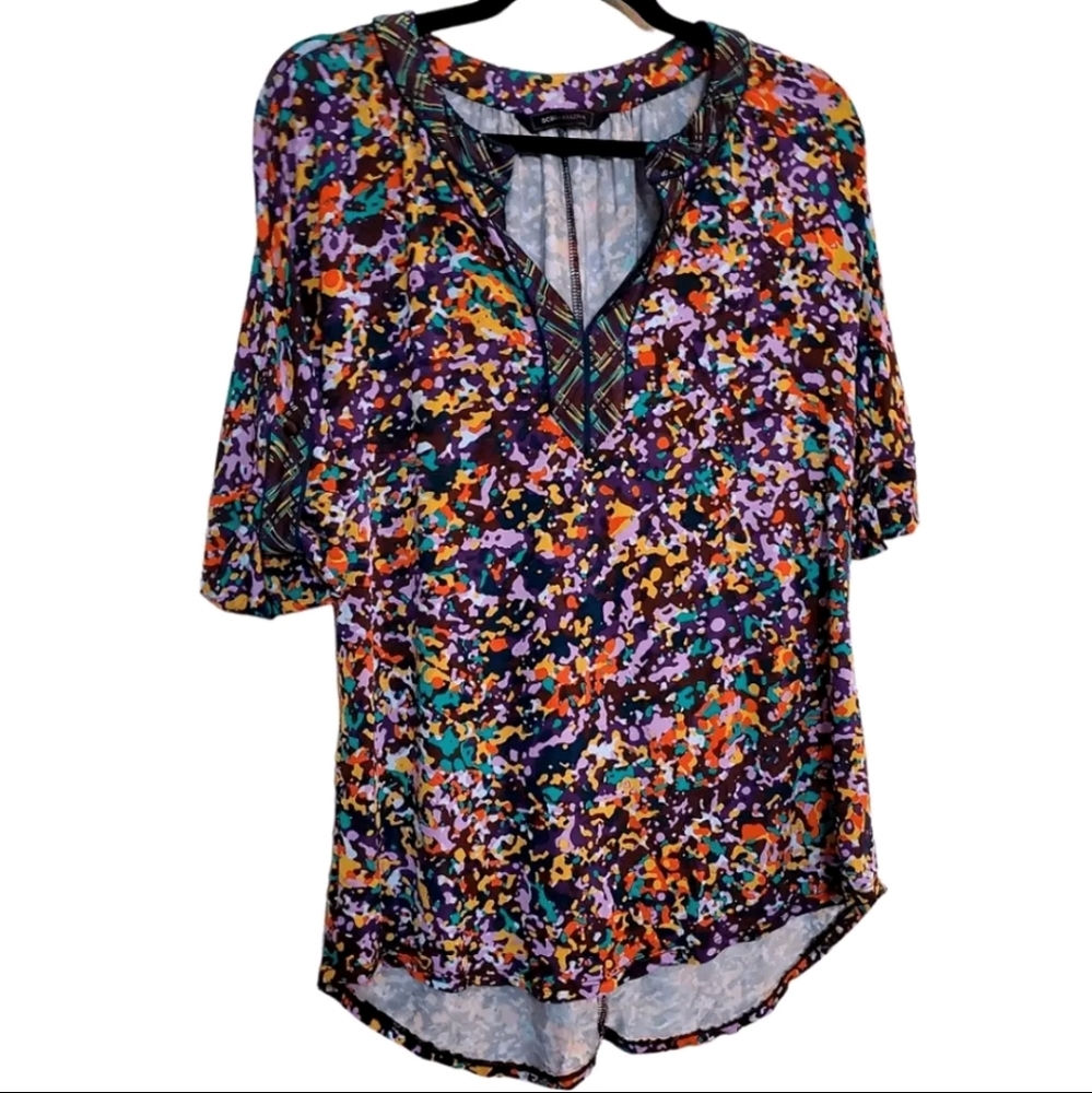 BCBGMaxAzria Womens Artsy Purple Tunic Blouse Size XS Roll Tab Sleeve V-Neck